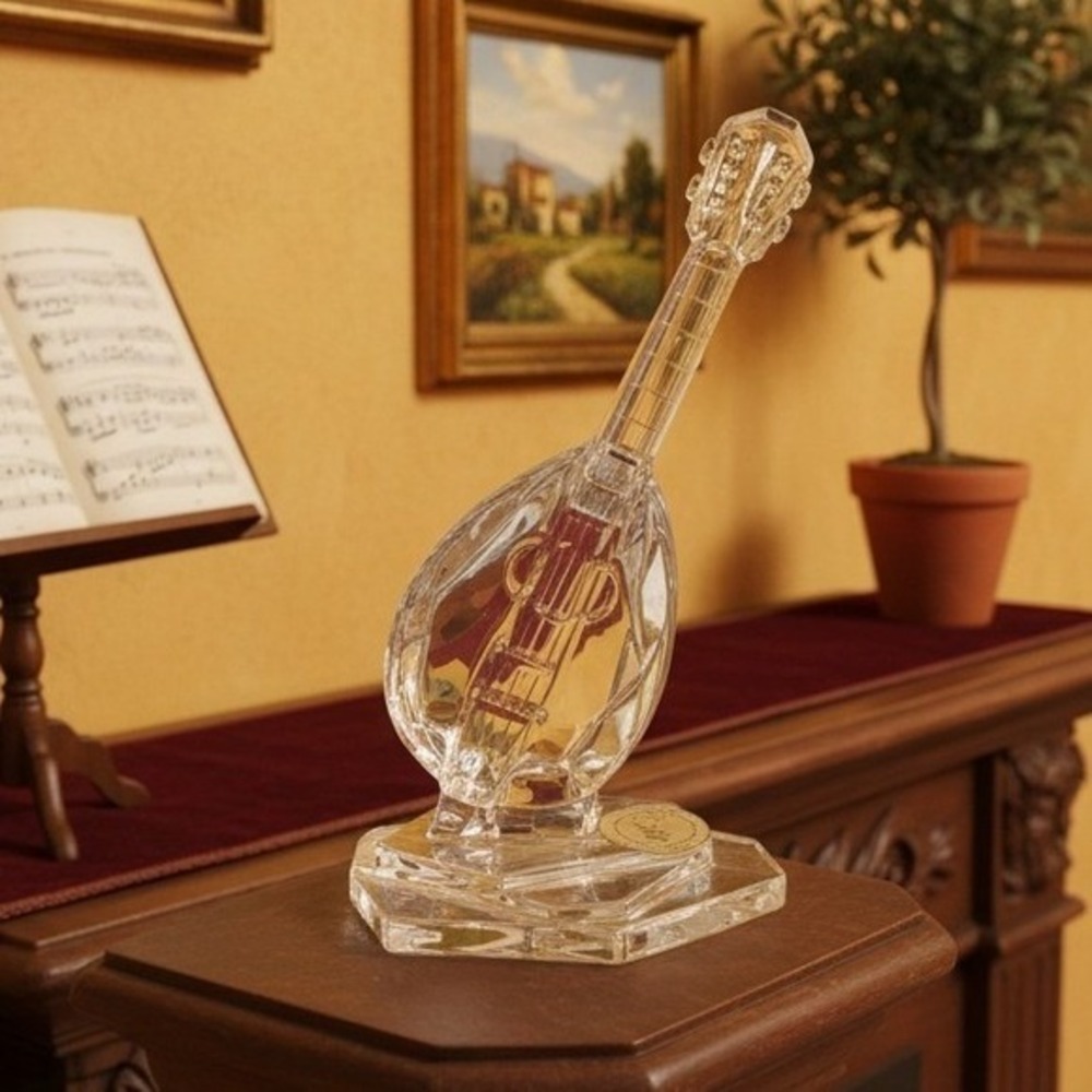 Italy Mandolin Art Glass Sculpture, Clear Paperweight Vintage Musical Instrument